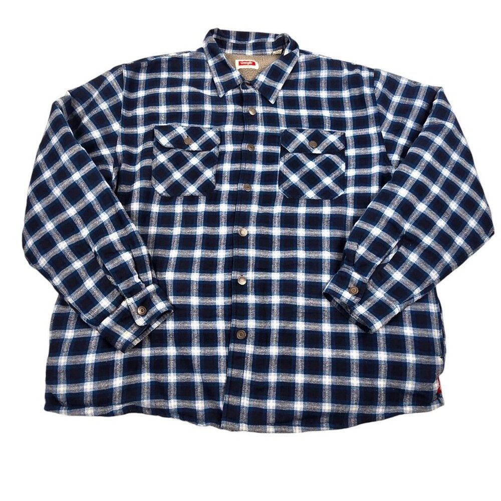 Wrangler flannel Shacket Mens 2XL Blue Plaid Fleece Lined Rugged Outdoor Warm